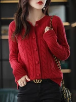 wool cardigan womens outer 100 pure wool loose round neck twist sweater 2022 spring and autumn new style top coat