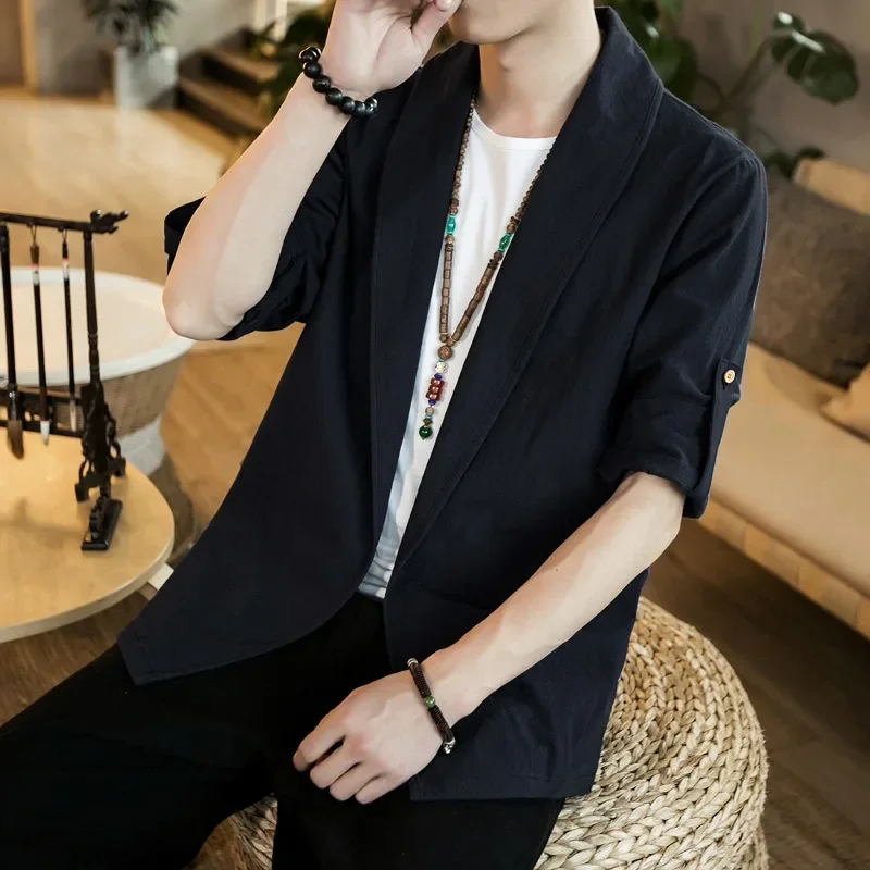 # 4217 Весенне-осенняя хлопково-льняная куртка-кимоно мужская льняная рубашка в