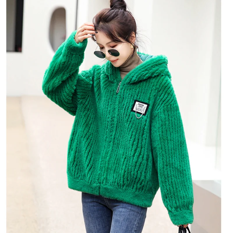 

Women's Winter Hooded Sheepskin Coat Casual Sports Short Vertical Stripes Zipper High Quality Lamb's Wool Jackets Outerwear E494
