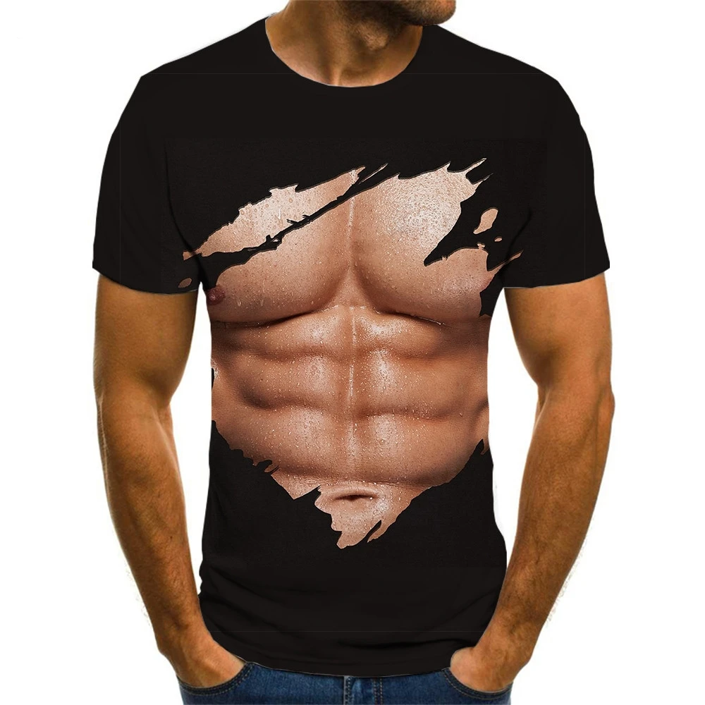 

New Fashion Brand 3d Muscle Picture T Shirt Men Abdominal Muscles Funny Black Tee Clothing Punk Rock Fashion Slim Plus Size Tops