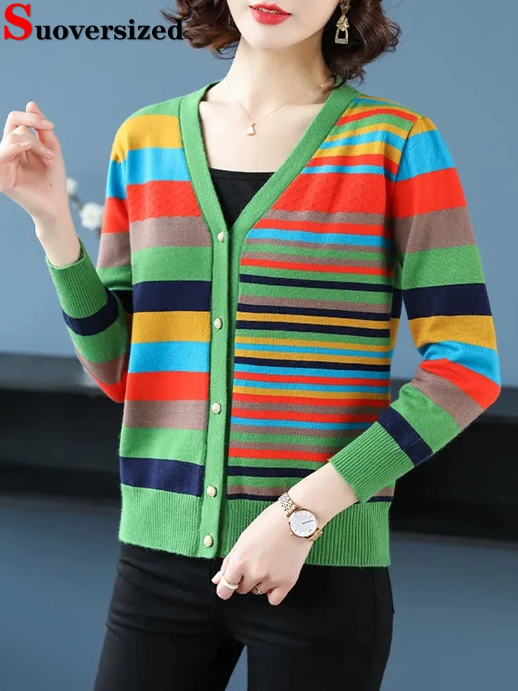 

Rainbow Stripe Thin Oversize 4xl Korean Knitted Cardigan Spring Fall Women's Elegant Slim Outwear Casual Knitewear Sweater Coat