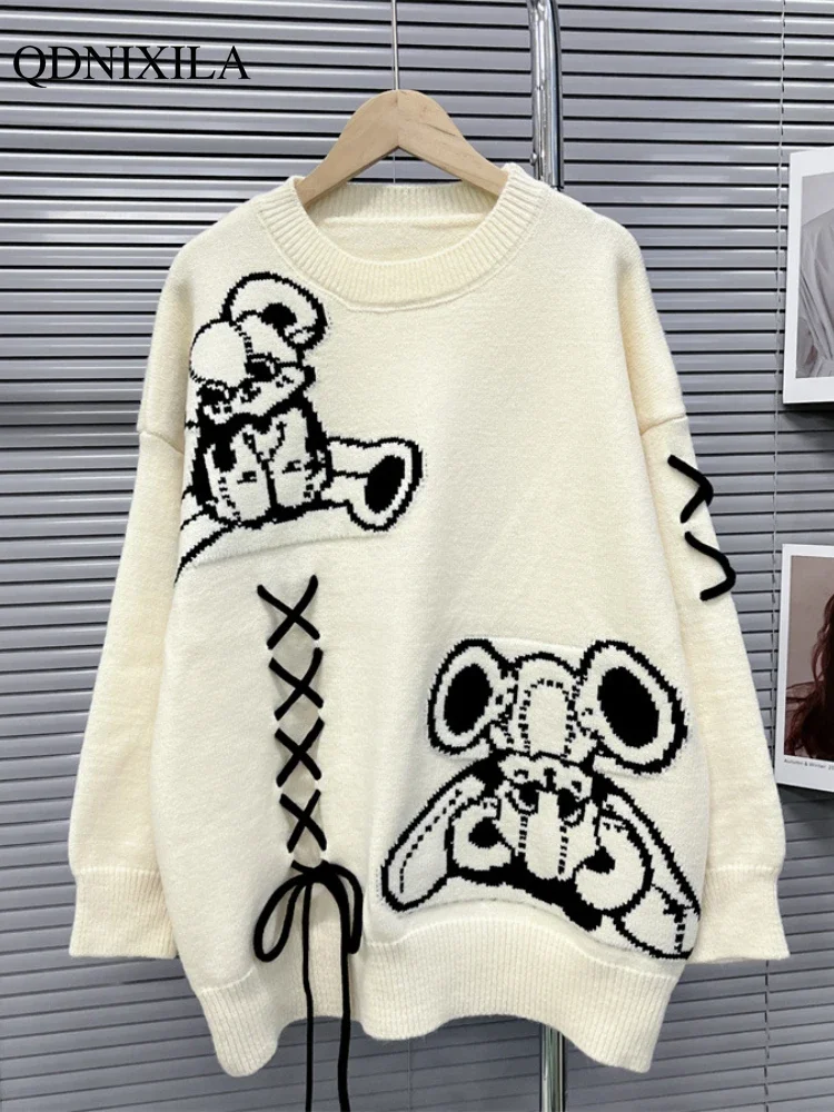 

Korean Fashion 2023 Autumn Winter New Knit O-neck Cartoon Sweater Women Loose Sweet Pullovers Chic Elegant Women's Knitwear Top