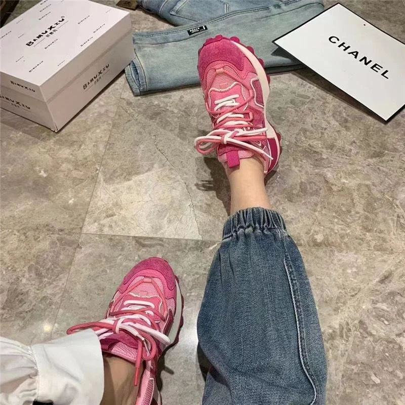 Mesh Sneakers Spaceship Women Thick Sole Flat Daddy Shoes Height Increasing Lace Up Platform Women's Sports Shoes