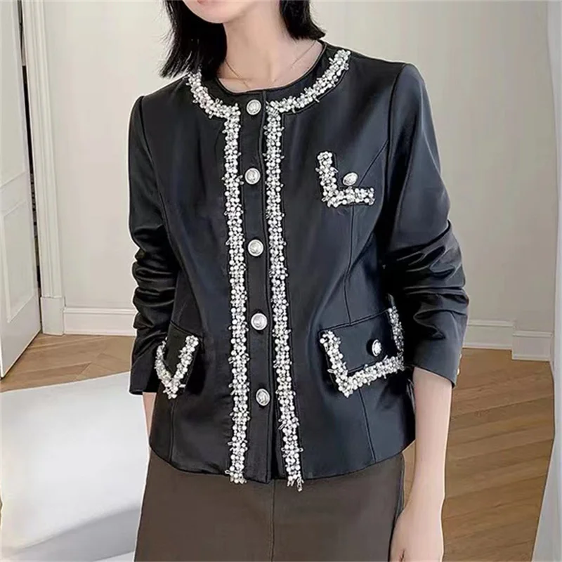 

Genuine leather jacket for autumn and winter 2023, new small fragrant style, niche design, nail bead decoration, sheep skin top