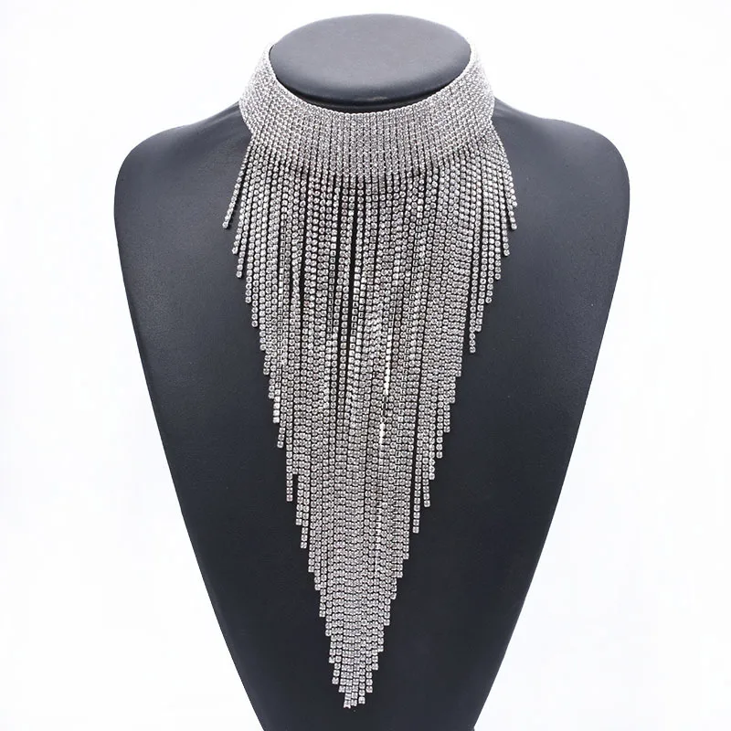 

Luxury Jewelry Long Elegant Sparkling Full Crystal Rhinestones Beaded Tennis Tassel Statement Collar Choker Necklace for Women