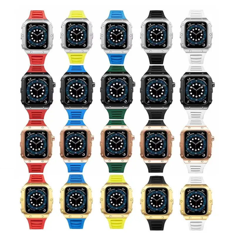 Luxury Modification Kit Case For Apple Watch 8 7 Band 44mm 45mm Metal Cover Silicone Strap For Apple Watch Strap 45MM 44 Mod Kit