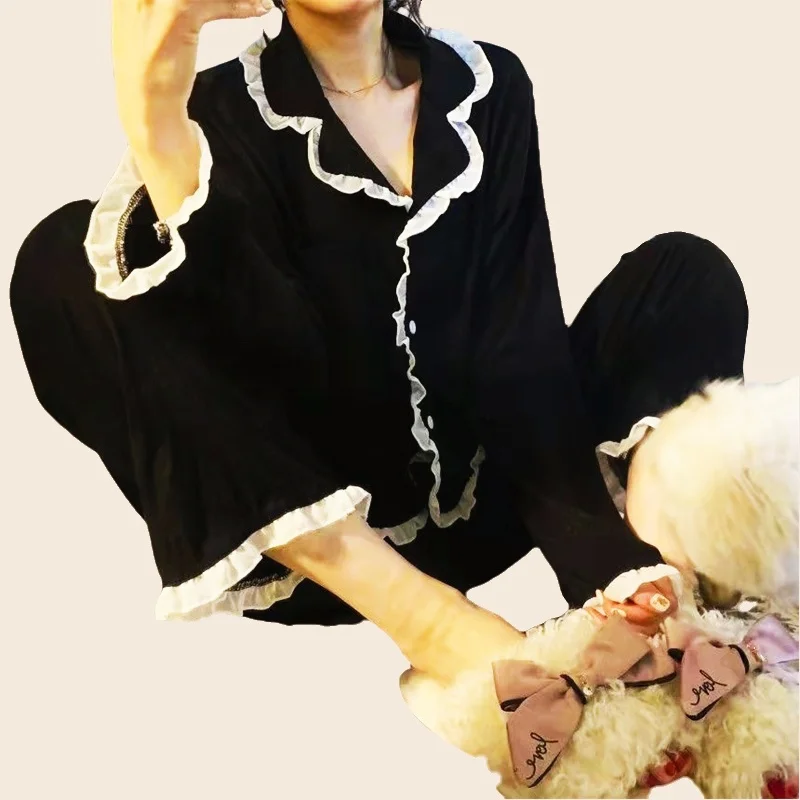 Women's Pajamas Set Sexy Lace Print Sweet Princess Spring Pyjama Loose Size Mom New Black Homewear Cozy Sleepwear