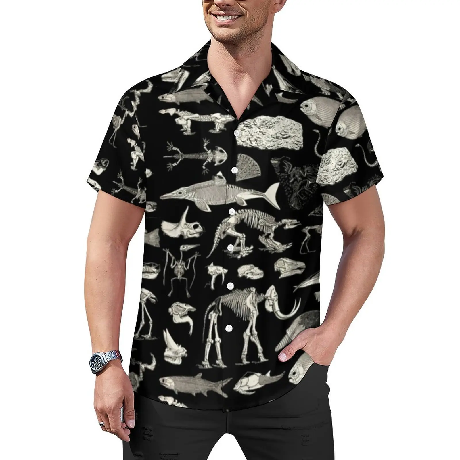 

Various Skeletons Casual Shirts Paleontology Print Beach Shirt Hawaii Aesthetic Blouses Mens Graphic Large Size