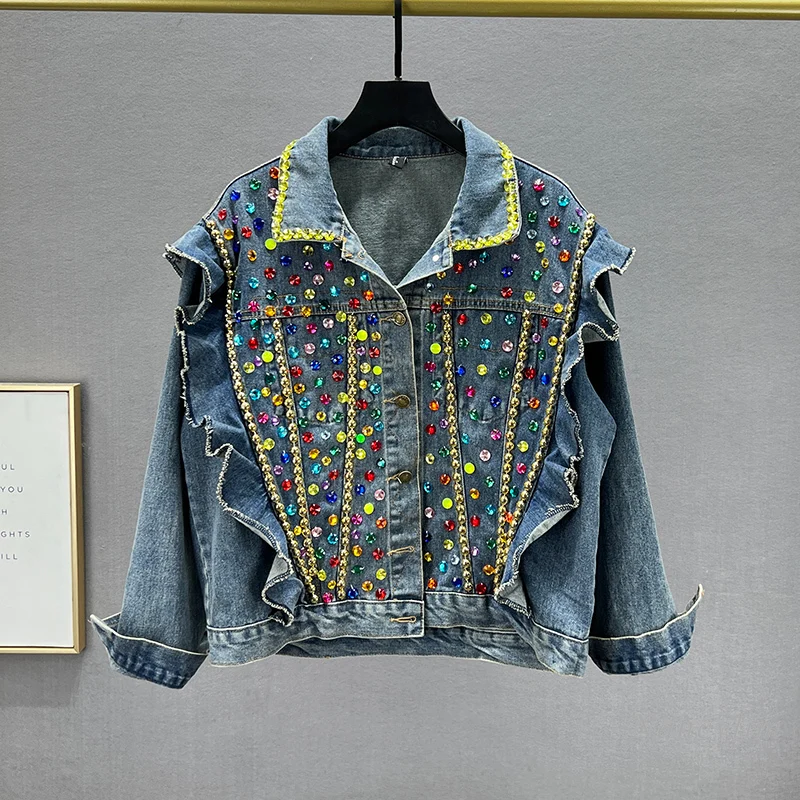 

Color Diamond Denim Jacket for Women 2022 Trendy Fall Coats New Loose Ins Fashion Street Outwears Chamarras Para Mujer