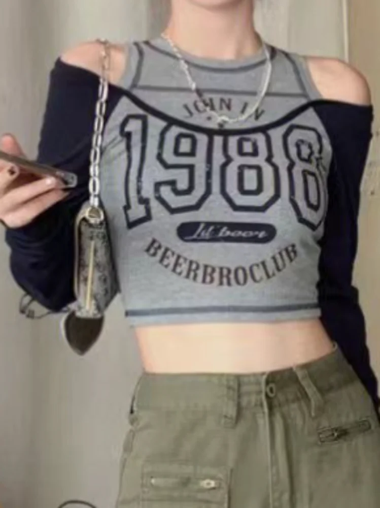 

Deeptown-Women's Letter Printed Crop Top, Off Shoulder, Y2k Streetwear, Vintage, Korean, Sexy Aesthetic Clothes, American, Retro