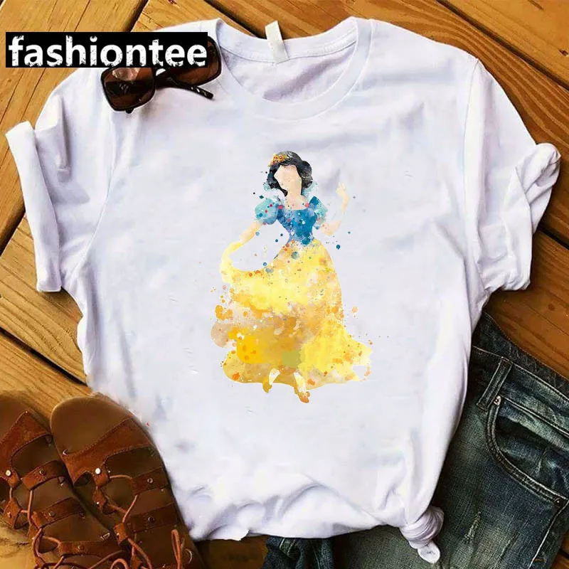 

Female Fashion Short Sleeve Tshirts Watercolor Disney Cartoon Snow WhitePrincess Graphic Printed Women T-shirt Girls Cute Tops