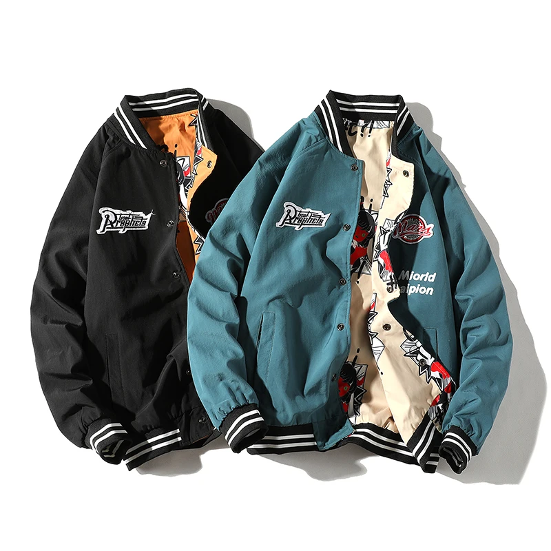 

Двусторонняя куртка с буквенным и мультяшным принтом для мужчин, модная трендовая одежда, большие размеры, Корейская уличная куртка-бомбер на молнии