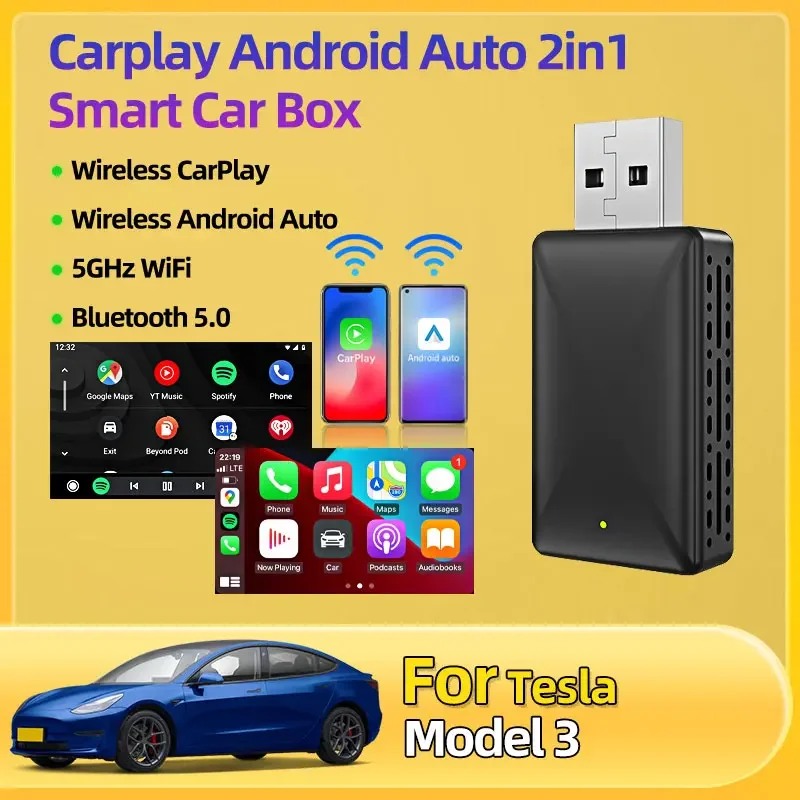 Фото Для Tesla Model 3 модный новый универсальный 2в1 проводной к беспроводному CarPlay Android с USB-разъемом и автоматическим адаптером для OEM автомобильной стереосистемы №1