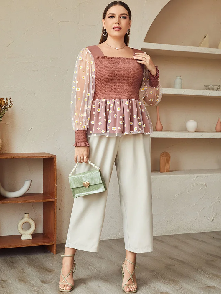 

Plus Size Women's Sweater Fashion Square Neck Loose Pullover Dot Print Large Size Casual Princess Style Women's Long Sleeve Top