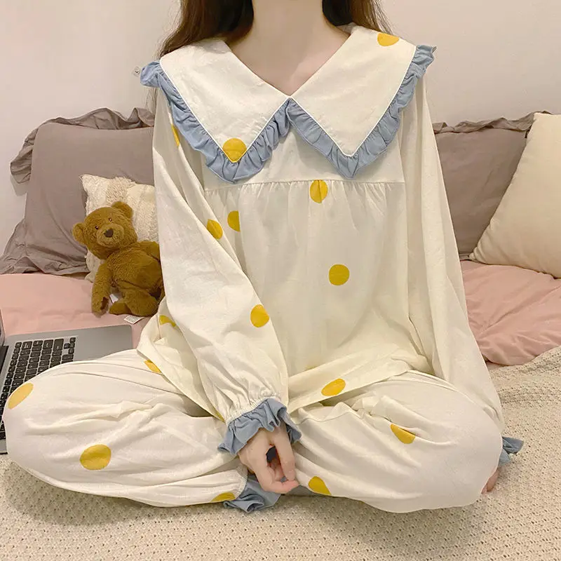 QWEEK Kawaii Pajama Womens Two Piece Sets Polka Dots Ruffles Pijamas Navy Collar Sleepwear  Loungewear Spring Autumn Pyjamas