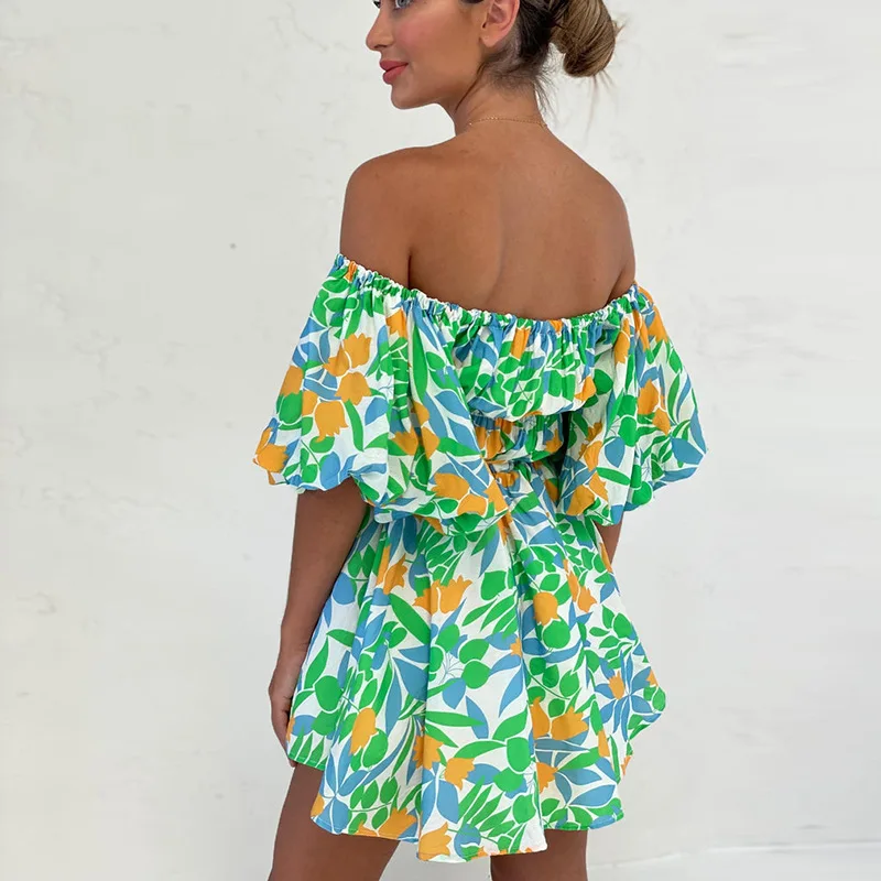 

New Women's Dress 2022 Summer Print Off Shoulder Sexy Short Dress