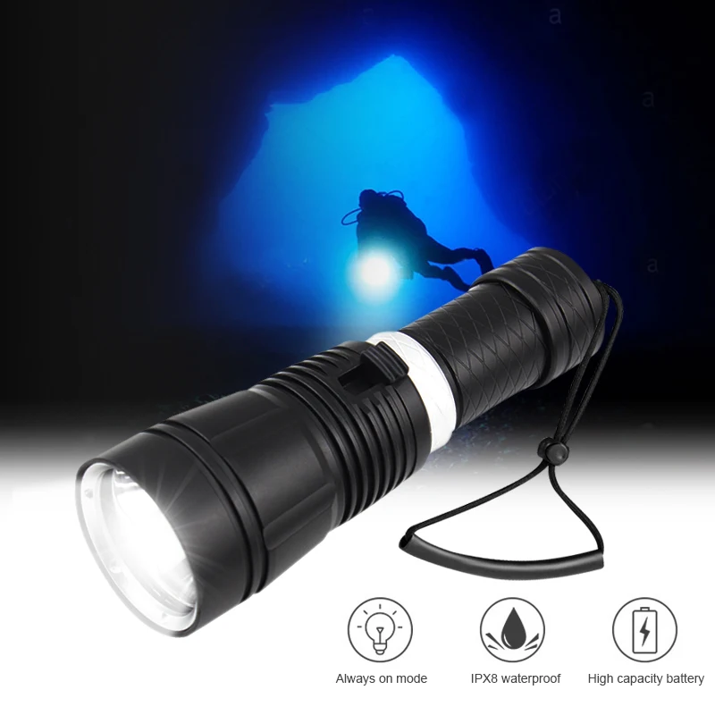 

Professional Scuba Diving Light 50 Meter T6 Waterproof Underwater LED Flashlight Diving Camping Lanterna Torch by 18650 battery