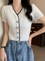 knitted crop top women sweaters button pullovers clothes 2022 summer new short sleeve tops elasticity v neck sweater mujer