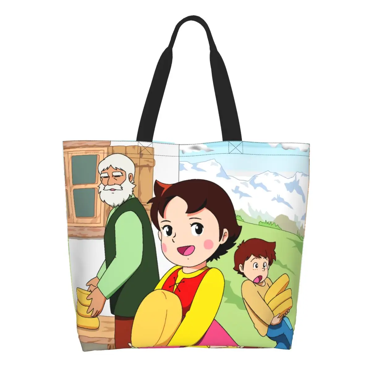 

Reusable Heidi With Peter Help Her Grandfather Shopping Bag Canvas Shoulder Tote Bag Washable Alps Cartoon Grocery Shopper Bags