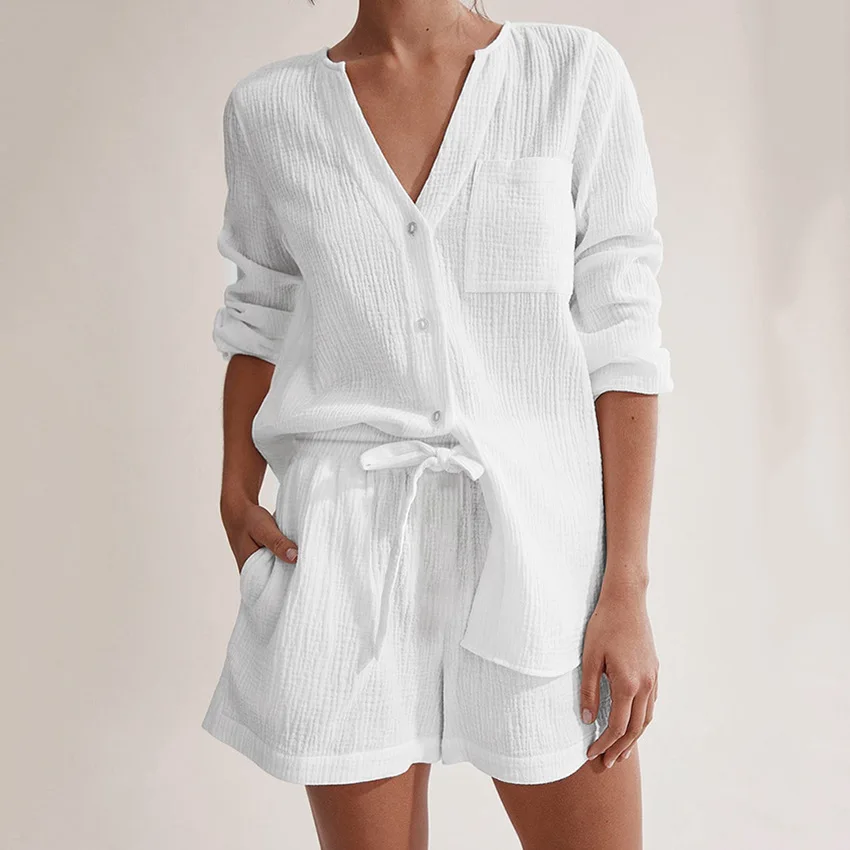

Summer Pajamas Double Layer Gauze Long Sleeve Shorts Cotton Air Conditioning Clothing Fashion White Ladies Homewear Set