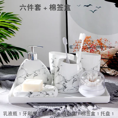 

Japanese Bathroom Accessories Set Lmitation Marble Pattern Ceramic Broken Gold Wash Kit Melamine tray Cotton Swab Box