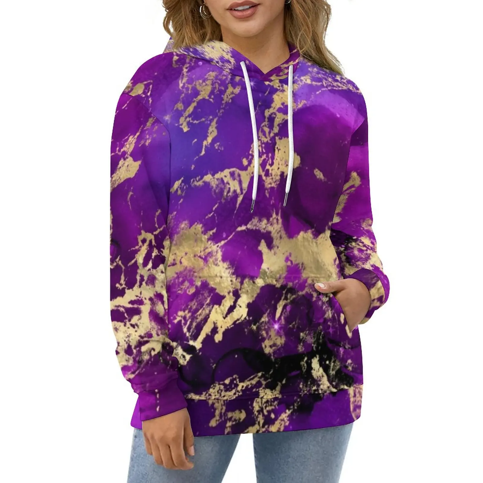

Фиолетовые и золотые повседневные толстовки с брызгами мраморная галактика крутая Свободная Толстовка Весенняя корейская модная одежда б...