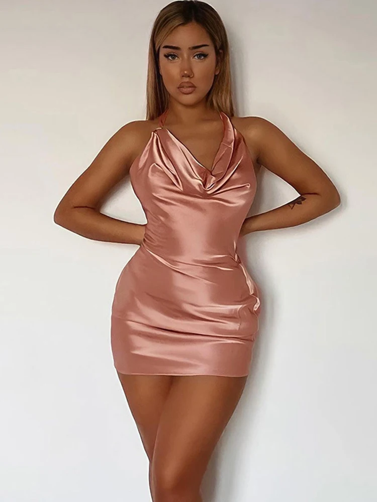 

Женское атласное облегающее мини-платье с лямкой на шее, элегантное вечернее Бандажное платье с открытой спиной Вечерние Повседневные Клуб...