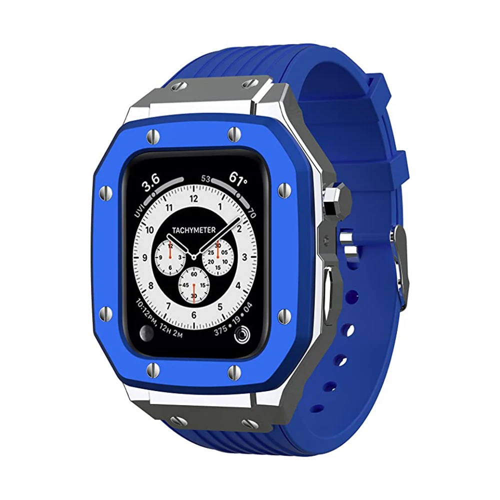 Mod Kit Stainless Steel Case+Strap For Apple Watch 6 5 4 SE 44MM Modification Alloy Frame Rubber Band For iWatch Series 8 7 45mm
