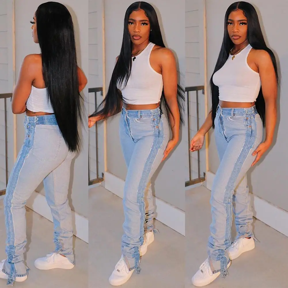 

2021 Autumn and Winter Woman New Casual Fashion Denim Fringed Jeans Women's Straight Leg Pants Baggies Soild Color Clothes Pants