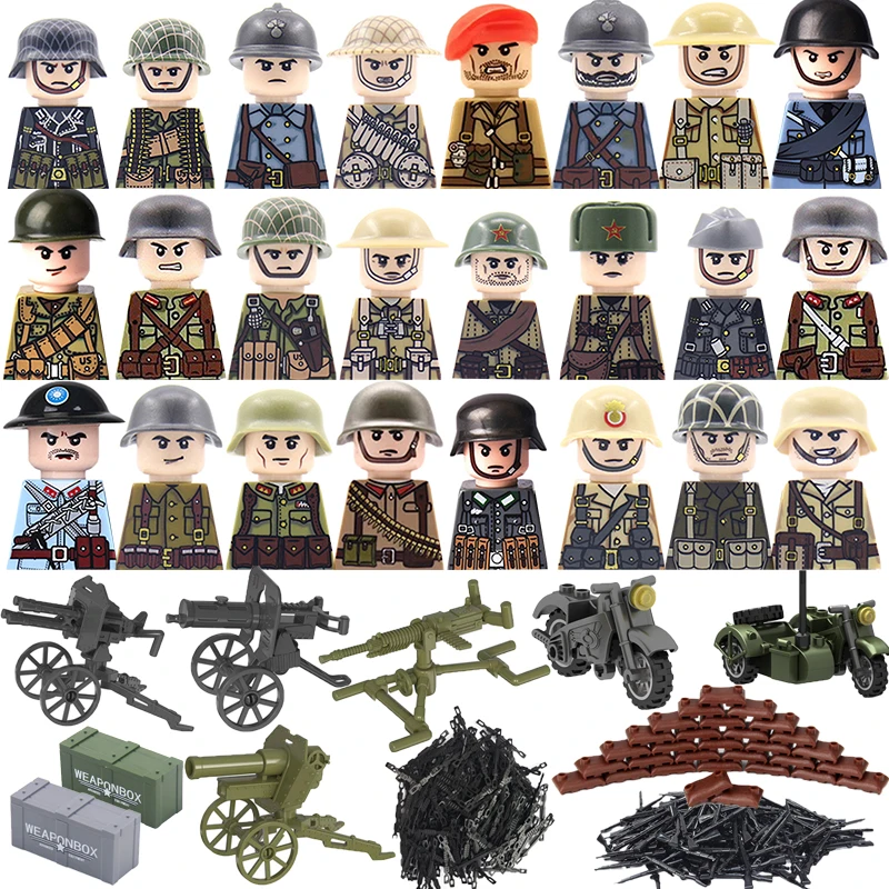 

Конструктор Военный, немецкие, советские, английские, французские фигурки солдат, оружие для боя, аксессуары, мотоциклетный мешок с песком