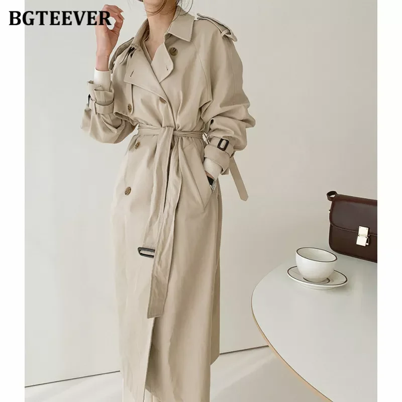 2022NEW Casual Double Breasted Pockets Women Long Windbreaker Autumn Winter 2021 Full Sleeve Sashes Loose Female Trench Coats