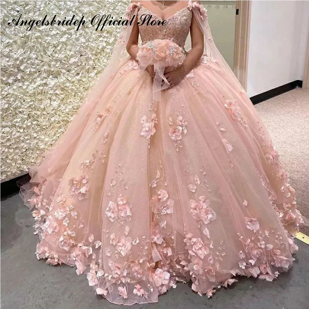 

Angelsbridep Strap Pink Ball Gown Quinceanera Dresses For 15 Party Formal 3D Flower Lace Applqiue Cloak Birthday Princess Gowns