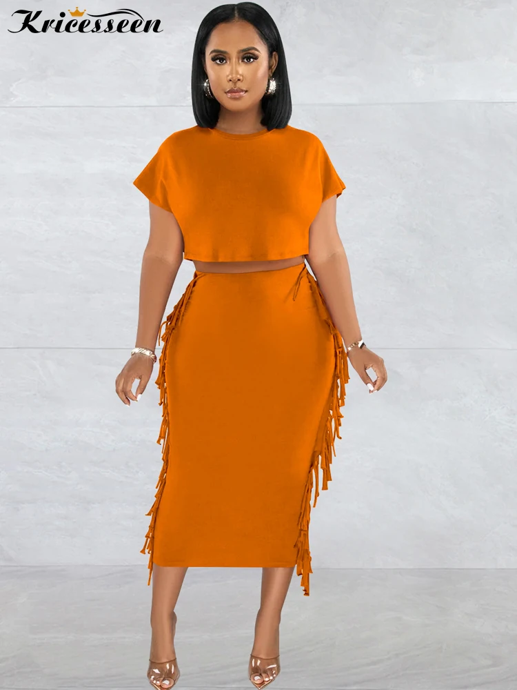 

Kricesseen пикантный однотонный комплект с юбкой с бахромой женский топ с коротким рукавом и юбка миди костюмы Клубная одежда праздничные наряды