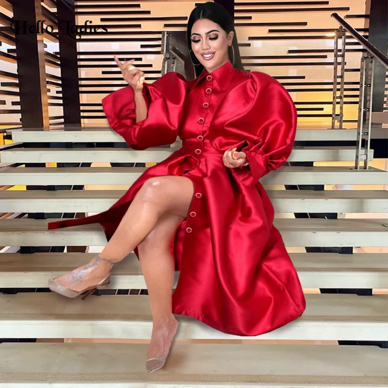 HL Plus Size Women Red Dress Puffy Ball Gown Prom Elegant Long Sleeve Button Up African Female Robe Fashion Christmas Dress