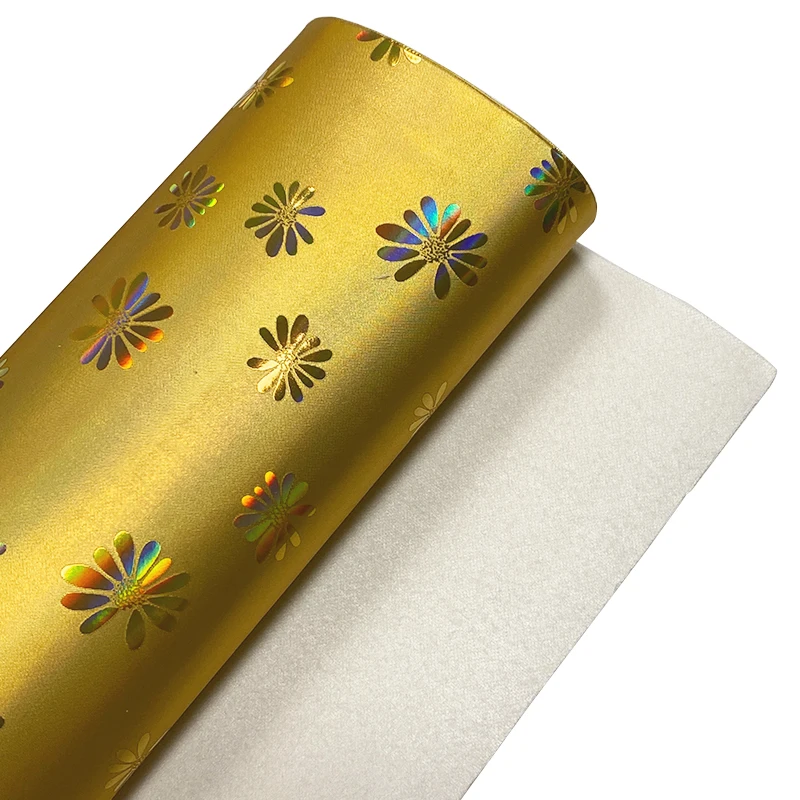 Лист искусственной кожи PU с металлическим тиснением в виде цветов маргаритки и лазерной голографической отделкой для обуви/сумок/обоев.
