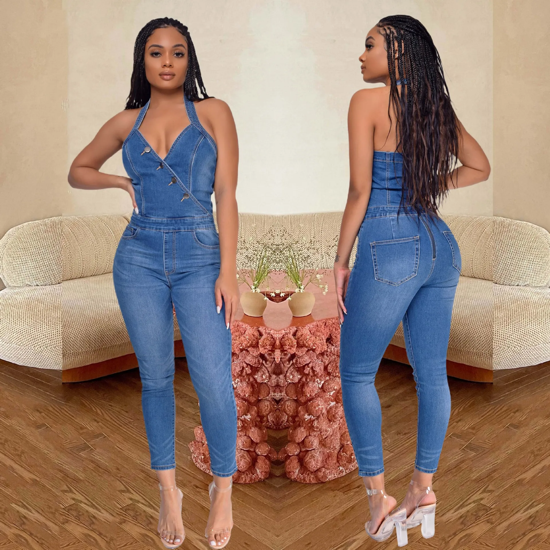 

Office Lady Denim Pencil Jumpsuit Sexy Women Halter Elegant Jeans Club Romper Overalls
