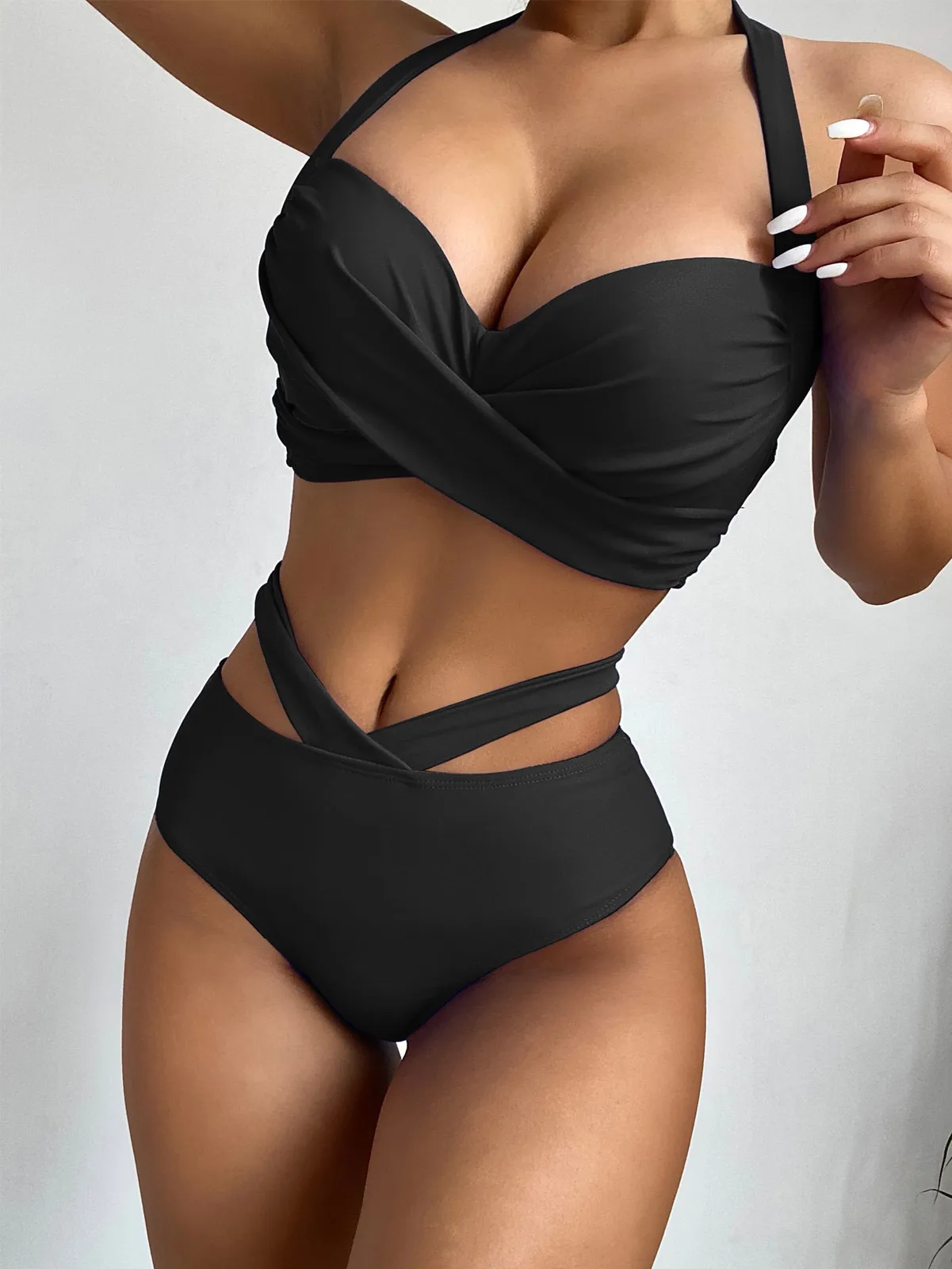 

Women's Swimsuit Vintage Printing Bikini Retro Halter Ruched Wrap Front High Waist Crop Tops+shorts Sexy Swimwear Halter Tankini