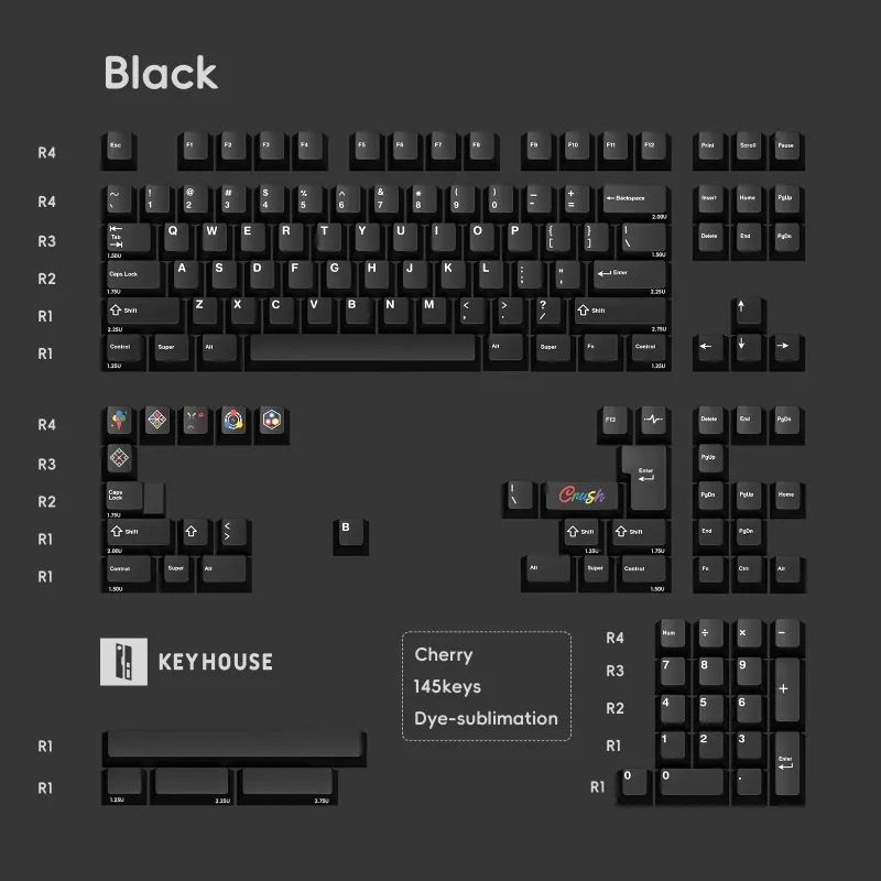 Оригинальные колпачки для клавиш с тематикой Crush, 145 клавиш, 1,7 мм, PBT Dye Cherry Profile, черные геймерские колпачки для механической клавиатуры, подарок (art.: 3920d1e03475c) - 3920d1e03475c
