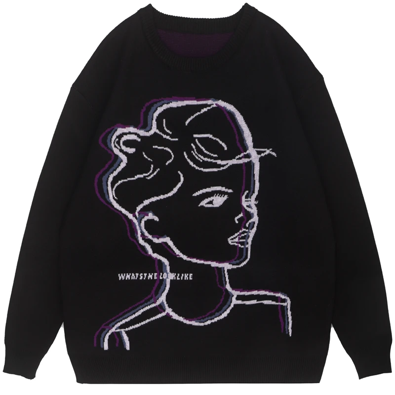 

Korean Fashion Autumn Winter Wowmen Sweater Coat Ins Retro American Character Avatar Jacquard Casual Loose Knitted Pullover Tops