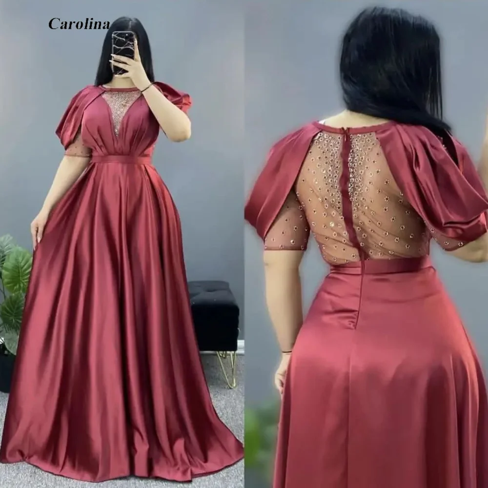 

O-Neck Prom Gown Puffy Sleeves A-Line Satin Sequined Pleat Occasion Dress Robe De Soirée Women Ruched Evening Party Dress