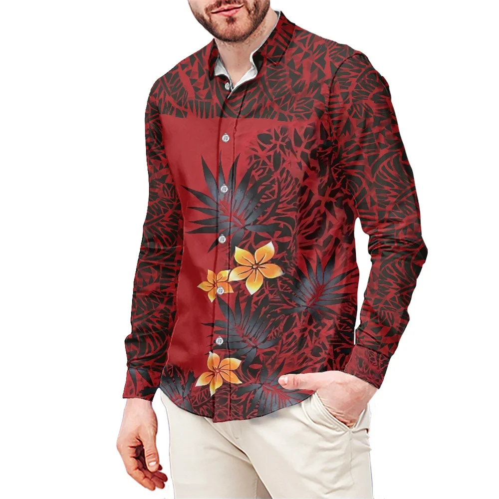 

Casual Male Fashion Top Polynesian Tribal Red Frangipani and Leaves Print Custom Hawaii Style Men Shirts Autumn Tops Long Sleeve