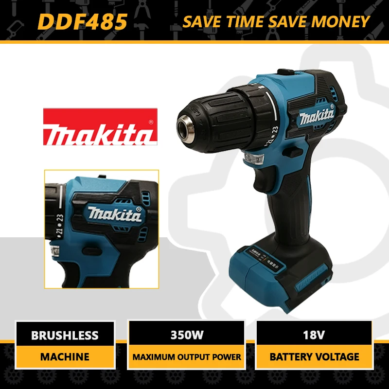 

Электрическая дрель Makita, электрический инструмент DDF485 18 в 1000 нм, бесщеточная перезаряжаемая ударная отвертка 10 мм, электрическая дрель