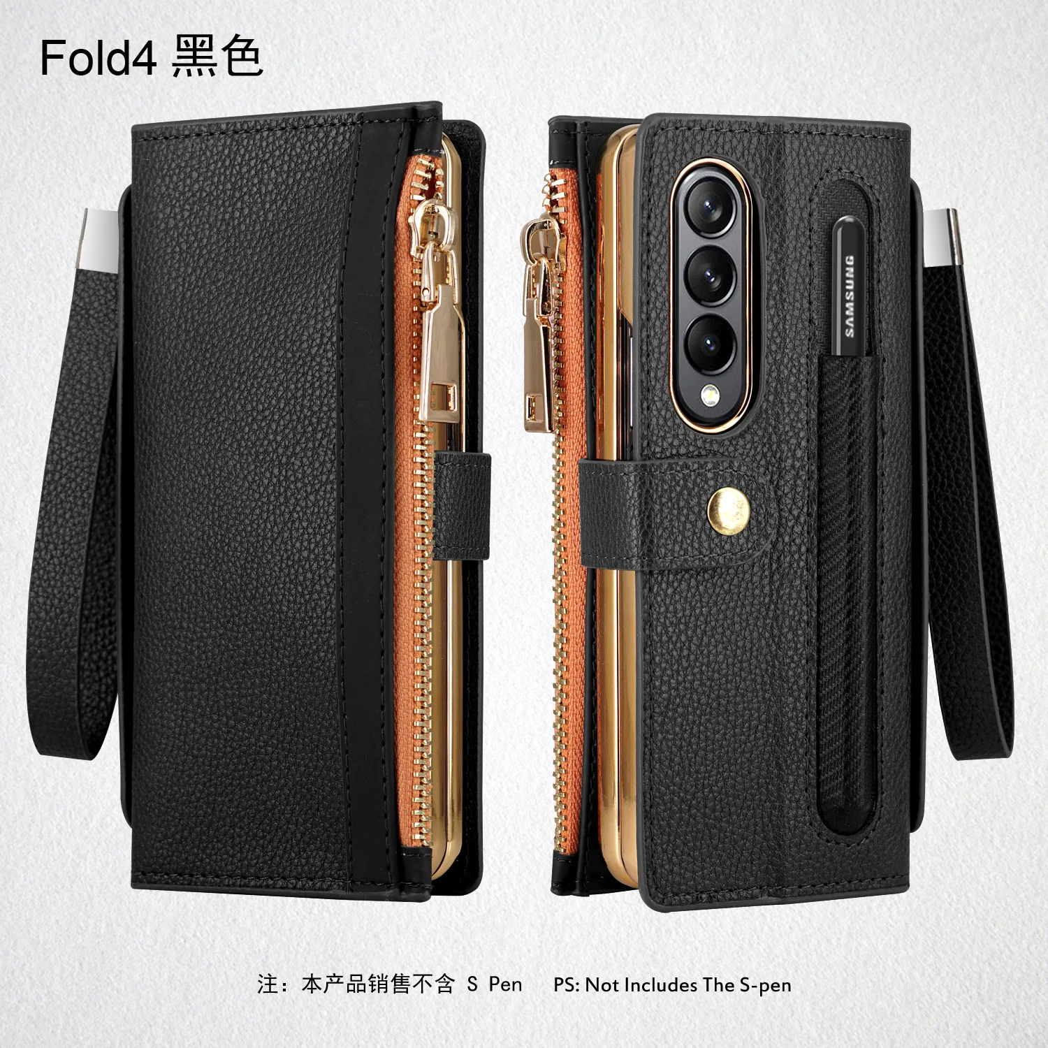 

Чехол-кошелек на молнии с ремешком на запястье для телефона Samsung Galaxy Z Fold 4 Fold4 5G Защитная пленка для экрана держатель для ручки кожаный чехол