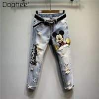 heavy industry beads sequined cartoon embroidery hole denim jeans women autumn new skinny ankle tied pencil pants trendy