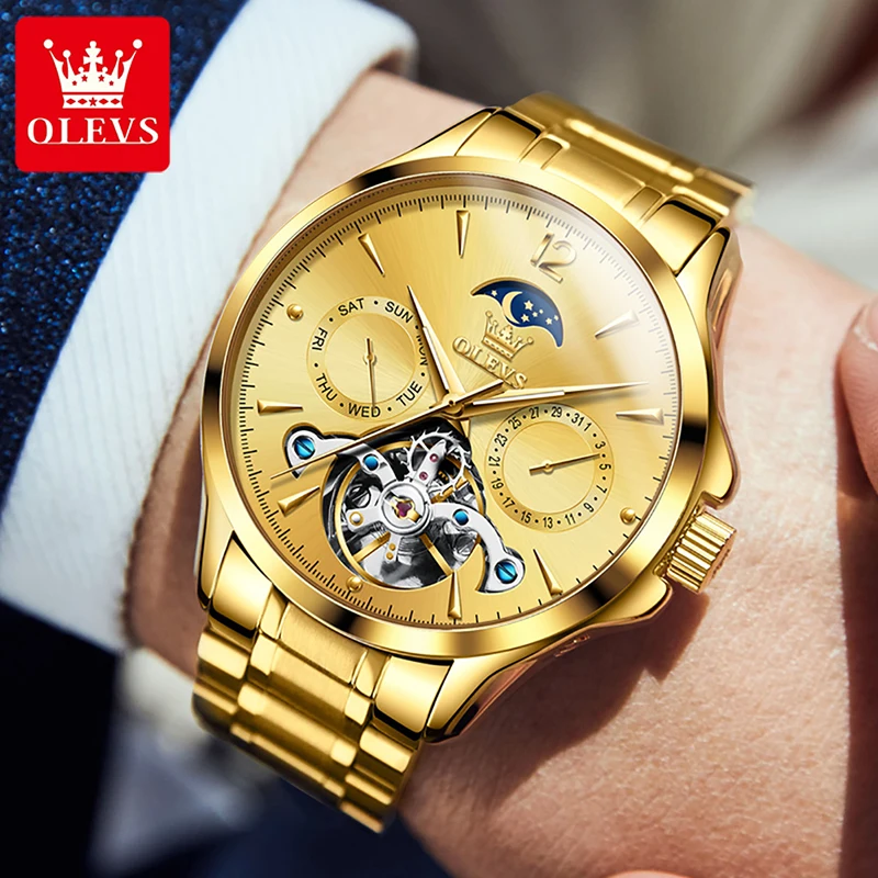 OLEVS Mens Watches Top Brand Luxury Gold Strap Automatic Mechanical Watch 2022 New Men Tourbillon Watch Luminous Waterproof 6663