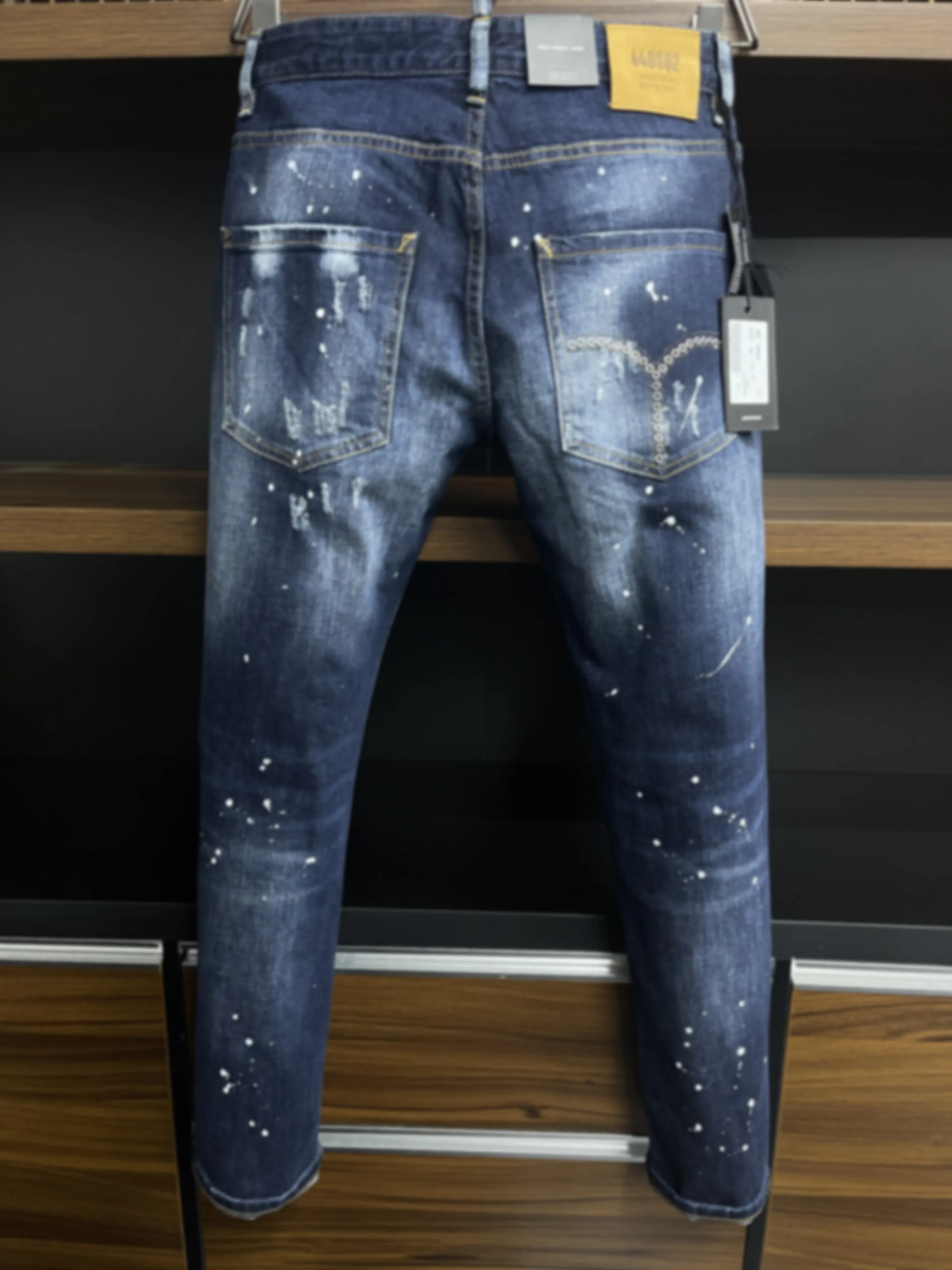 2023 New D2 Jeans Trendy Men's Blue Perforated Fashion Patch Ink Breaking Paint Elastic Slim Fit Leggings