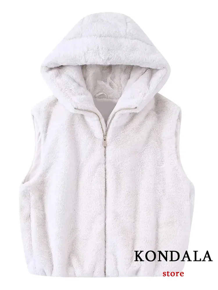 

KONDALA Casual Fur WaistCoat Women Vest White Solid Zipper Pocket Hooded Thick Warm Loose Jackets Fashion Autumn Winter Coats