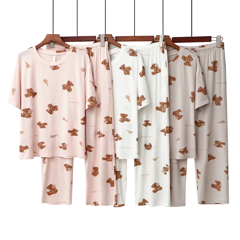 

Women New Pajamas Set Casual Sleepwear Modal 2PCS Bath Robe Soft Homewear Intimate Lingerie Cute Nightwear Loose Sleepwear