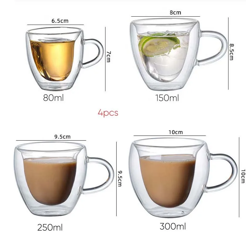 

4PCS Heart-Shaped Glass Coffee Mug Wine Glasses Drinking Whiskey Vodka Cup Juice Water Cups Tea CuP Double Bottom Mugs Wholesale