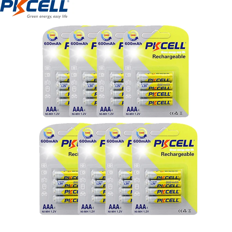 

Аккумуляторы pkcell1.2в AAA Ni-MH 600 мАч, 32 шт./8 карт, перезаряжаемые аккумуляторы NiMh AAA с реальной емкостью 1000 циклов
